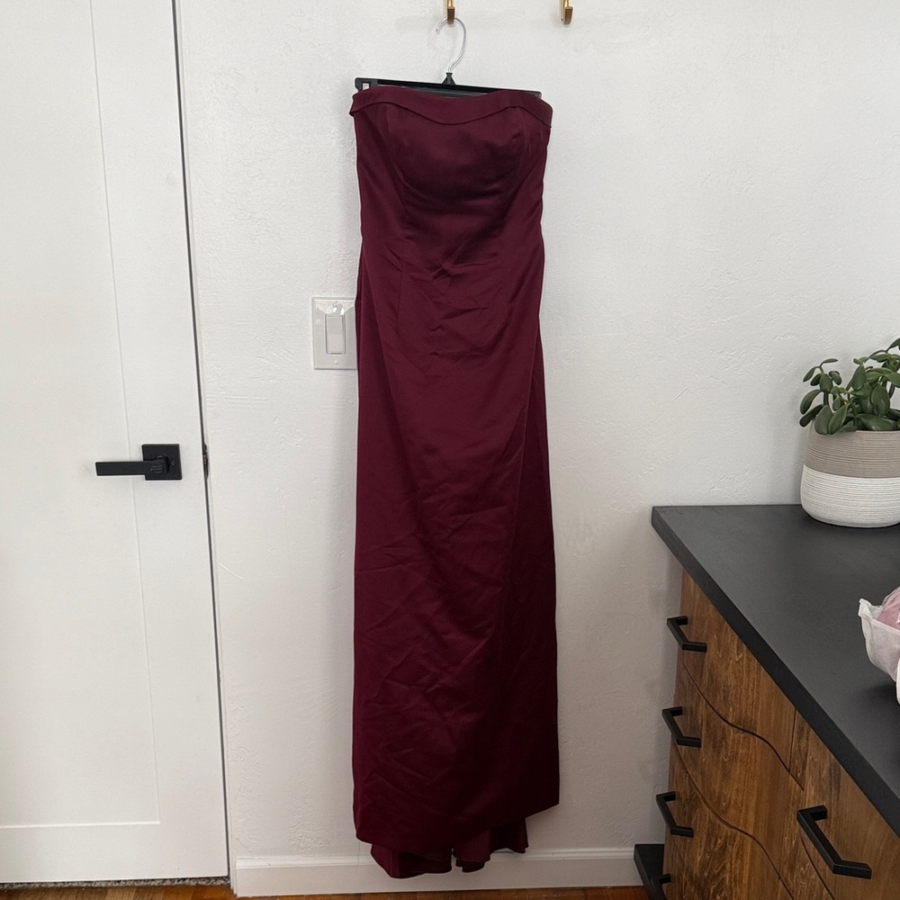 David's Bridal Strapless Burgundy Formal Gown